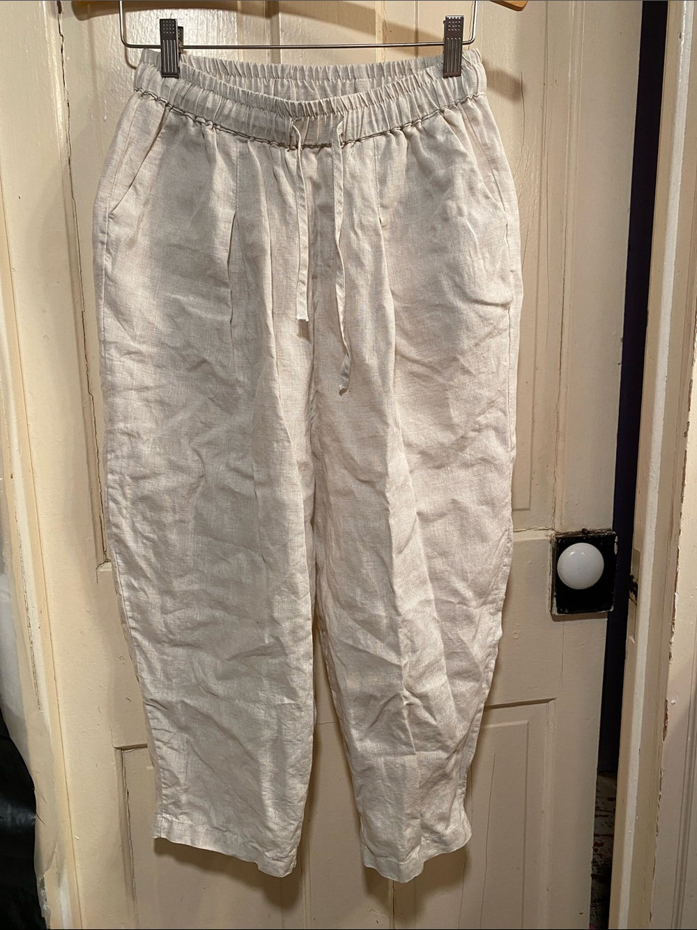 High Rise Cream 100% Linen Cropped Pants